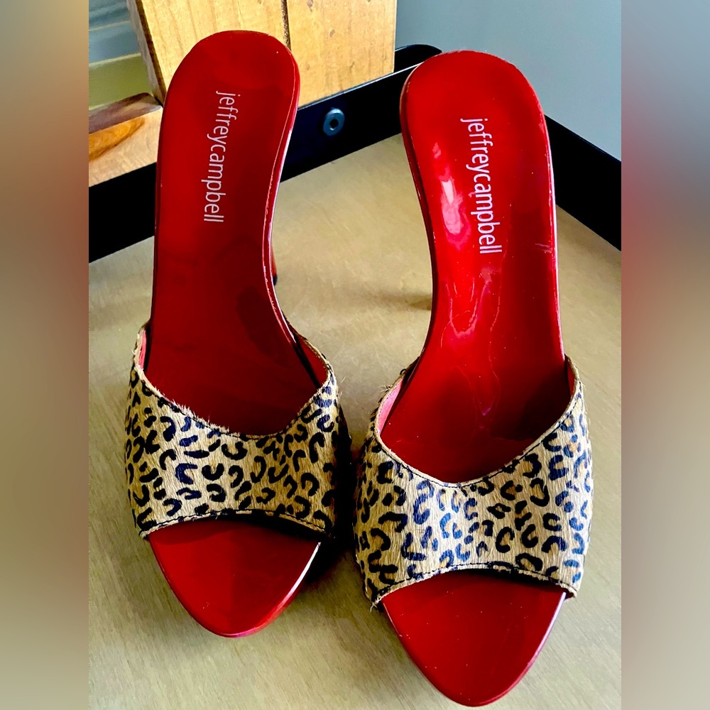 🌶️ JEFFREY CAMPBELL Leopard Sandals Slip On Mules Pony Hair Heels Red Bottoms 6